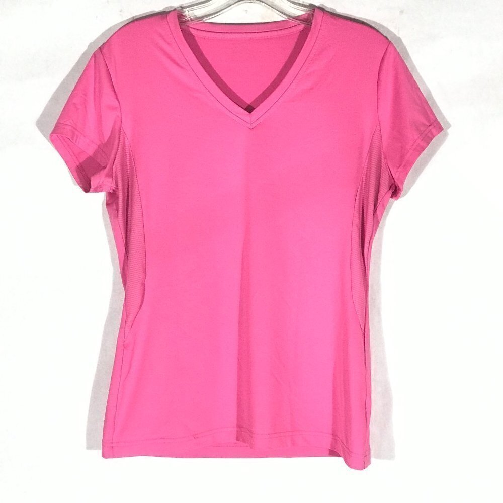 FILA Womens Pink Athletic V Neck Yoga Workout Training Top - Picture 2 of 7